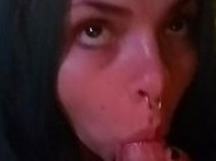 Long Black Haired Skinnywife Swallows Cum